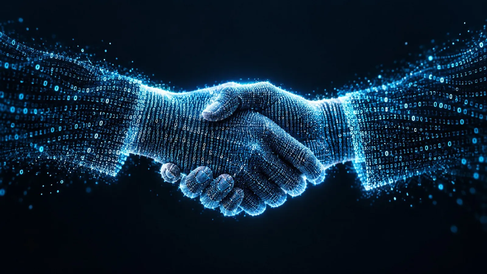 Two digital hands made of data shaking hands