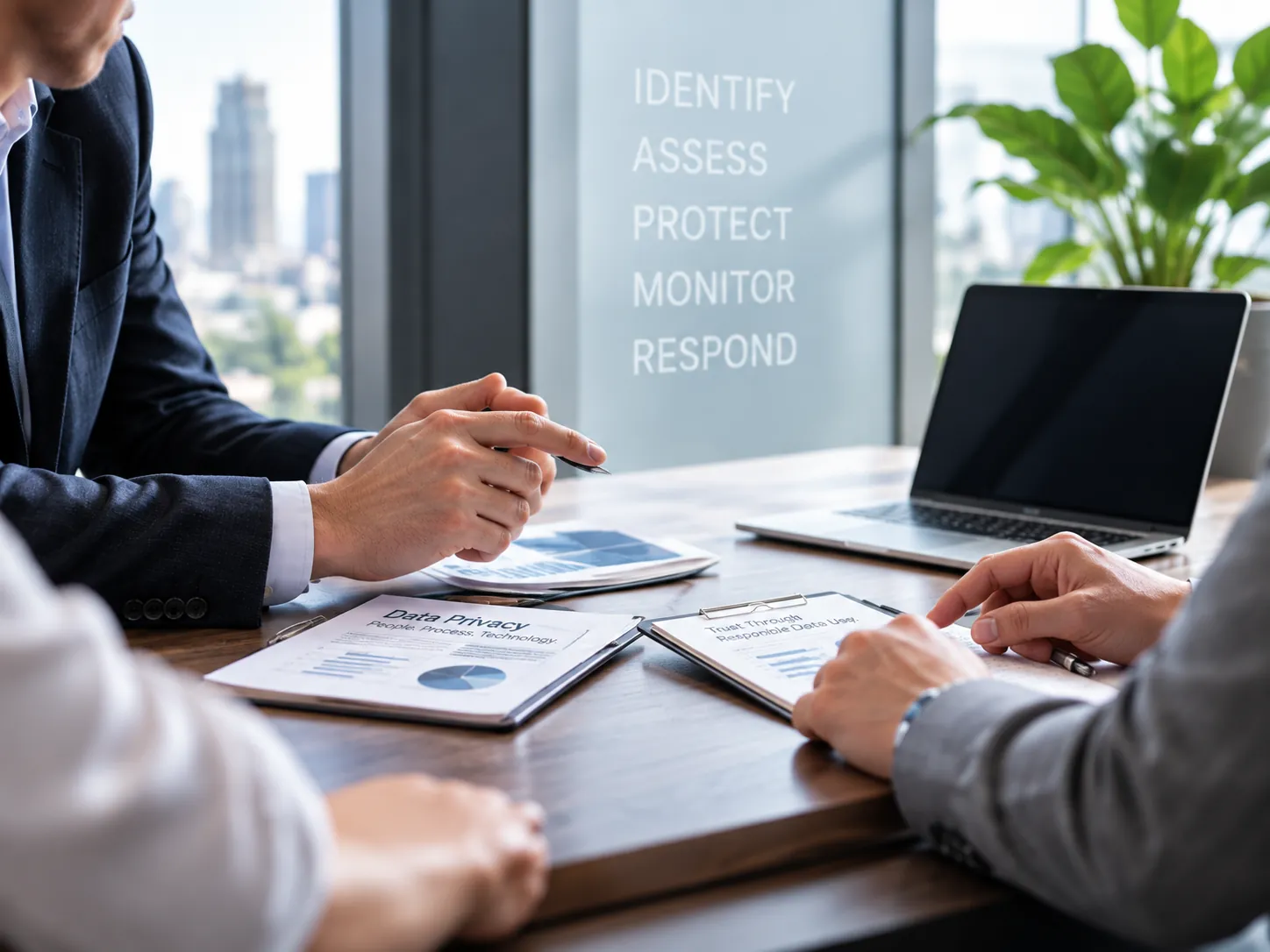 Consultants reviewing data privacy reports