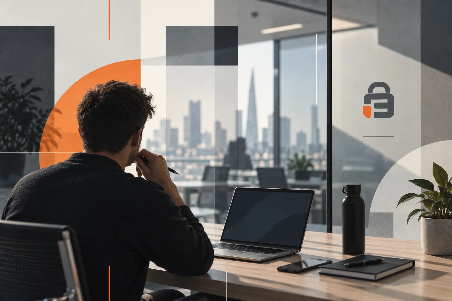 Privacy lead working at a laptop overlooking the city