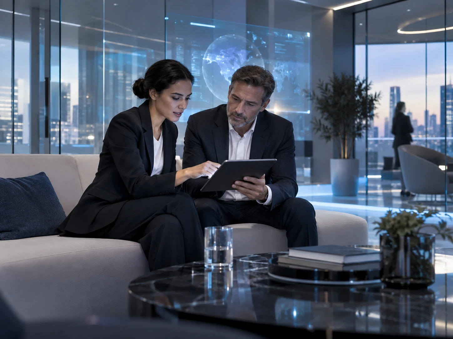 Two executives reviewing AI governance results on a tablet